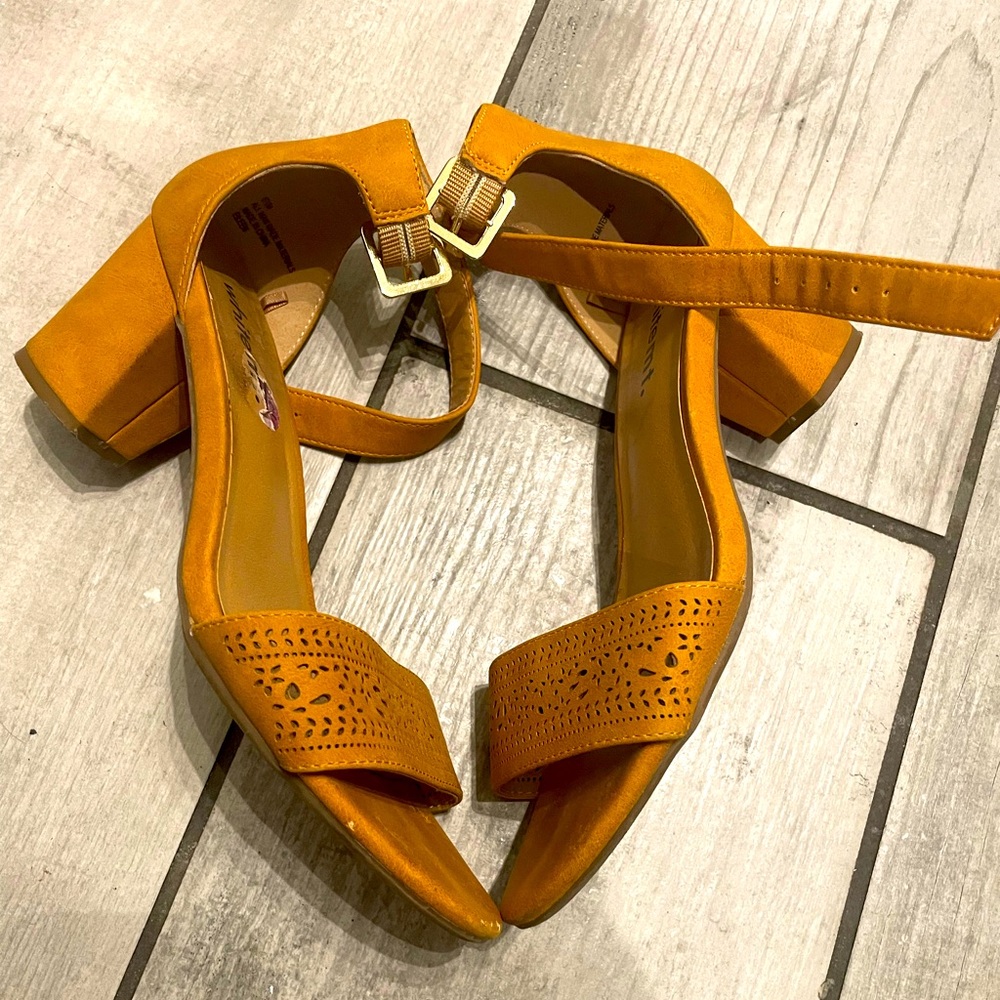 Mustard Yellow Laser cut Block Heel Sandals- 6.5